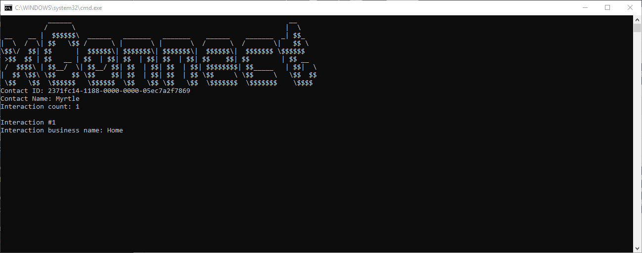 A terminal with the contact and interaction details in the app output.