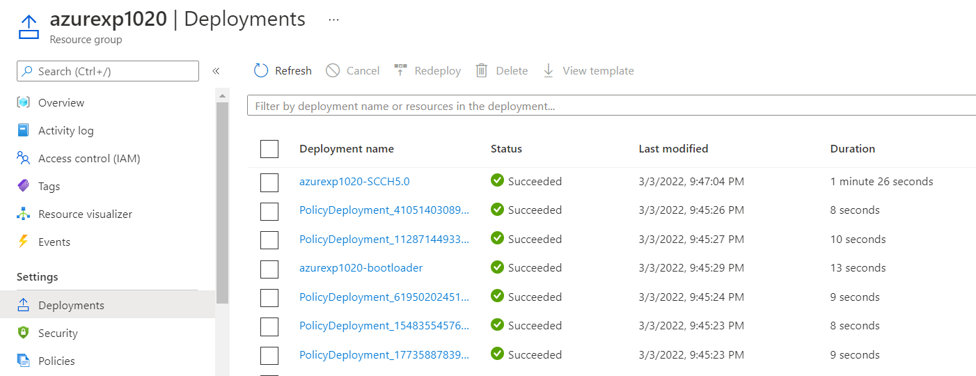 Deployments tab in the Azure resource group dialog