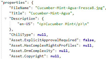 Example of content hub attribute properties displayed in JSON format