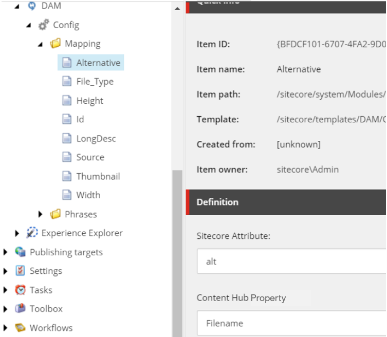 Definition section on a DAM mapping item showing the Content hub attribute field set to Filename.
