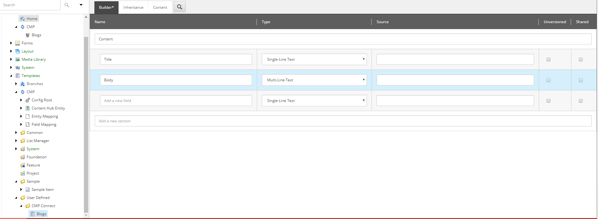 The Builder tab on a CMP template item