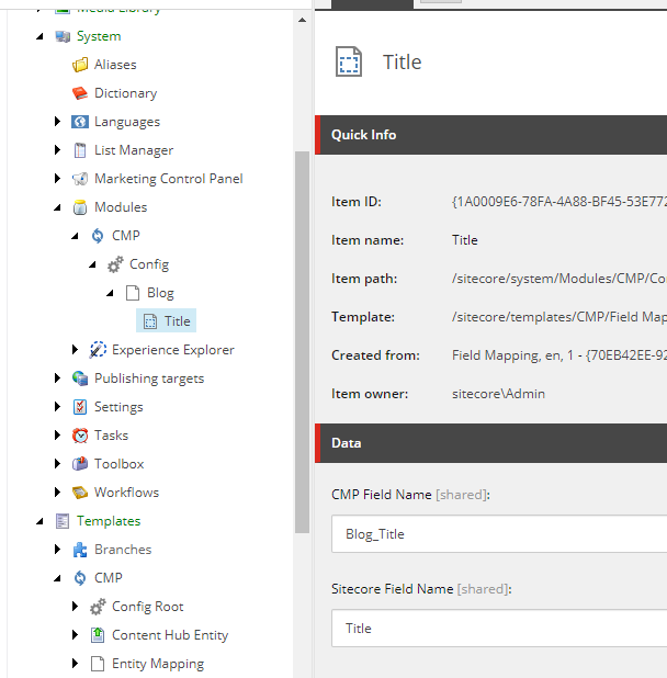 The Data section on the Content tab for a Field Mapping item showing the CMP FIeld Name and Sitecore Field Name fields