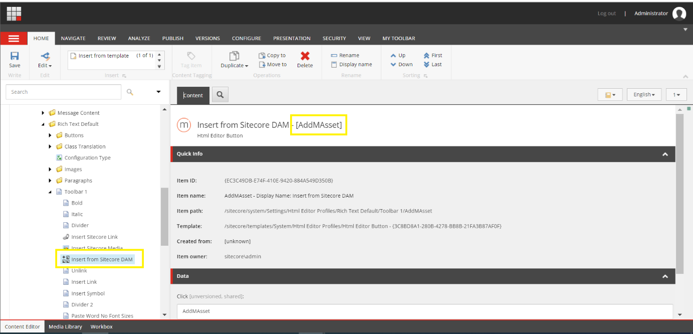 The Insert from Sitecore DAM item in the content tree The Insert from Sitecore DAM item in the content tree