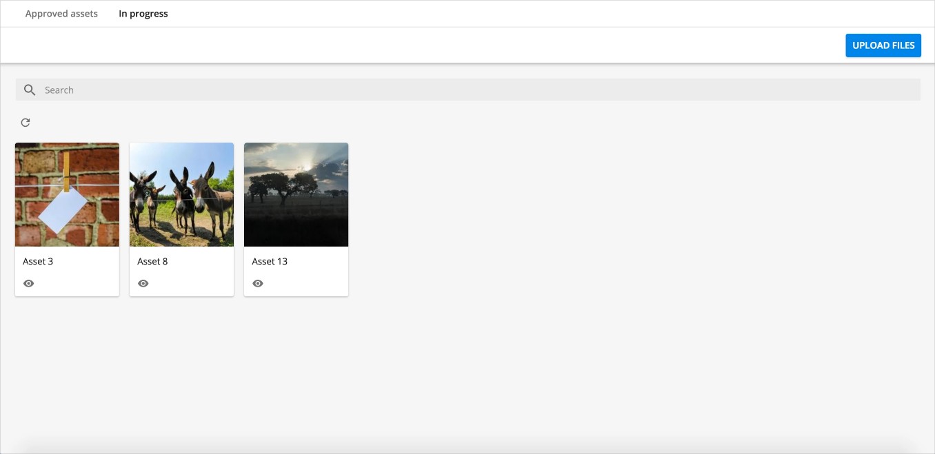 The In progress dialog displaying assets from the Create and Review pages