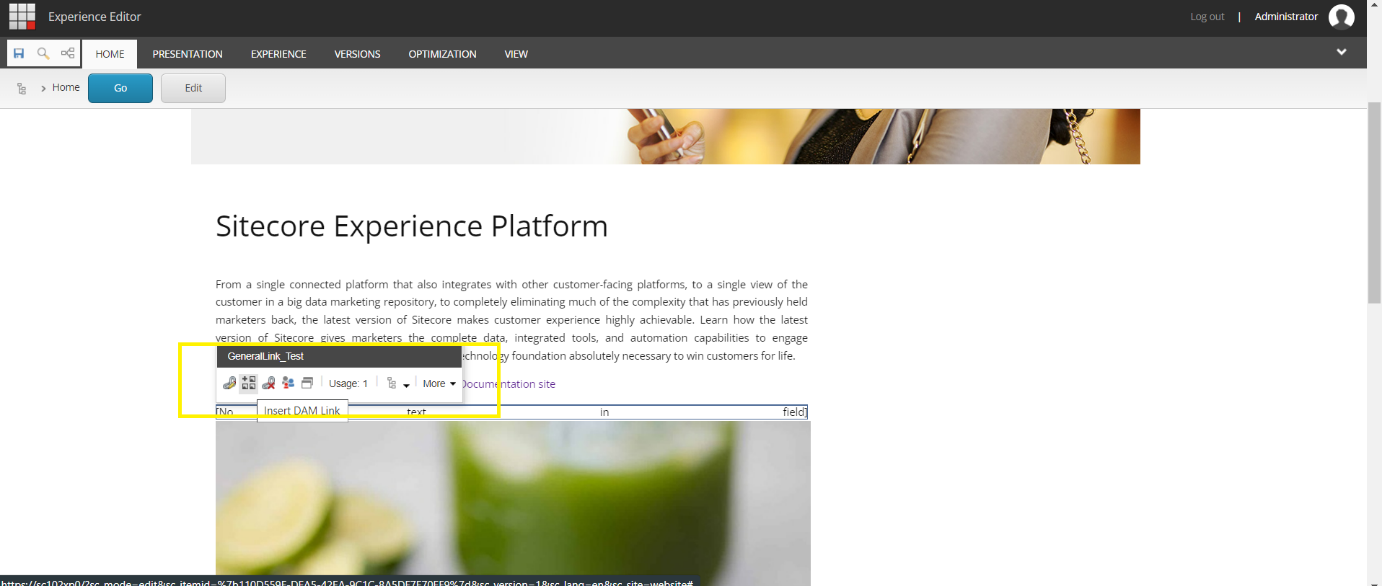 The Insert Dam Link button in the Sitecore Experience Editor The Insert Dam Link button in the Sitecore Experience Editor