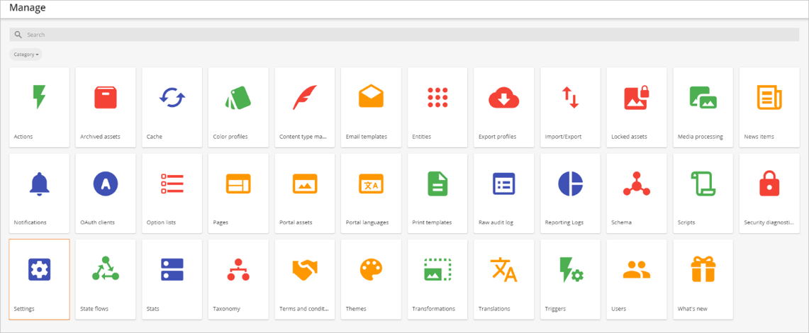 The Manage menu in Sitecore DAM
