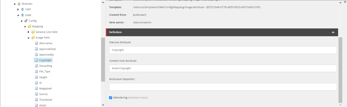 Attribute mapping definition with the IsRendering option selected. Attribute mapping definition with the IsRendering option selected.