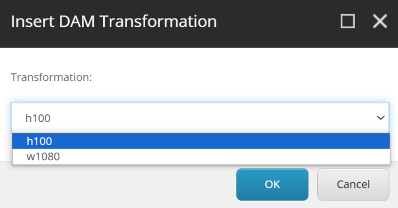 The Insert DAM Transformation dialog listing transformation definition names in a drop-down list.