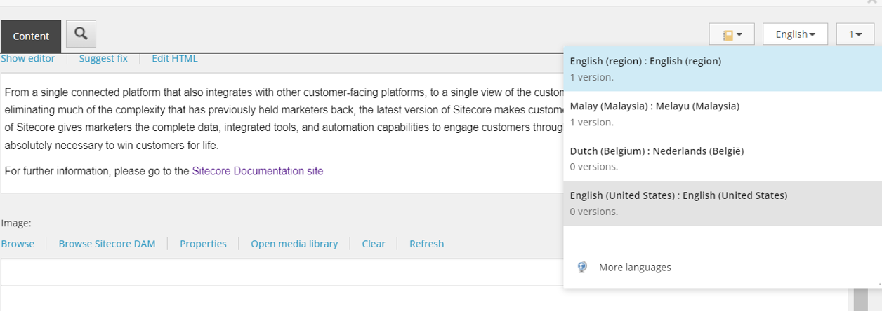 The language drop-down menu on the Content tab, with the English (US) option selected. The language drop-down menu on the Content tab, with the English (US) option selected.