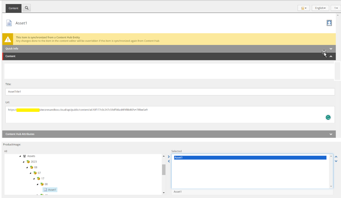 An example showing a Content Hub entity synchronized in Sitecore.