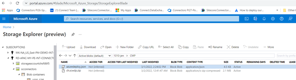 Azure Storage Explorer dialog with uploaded files