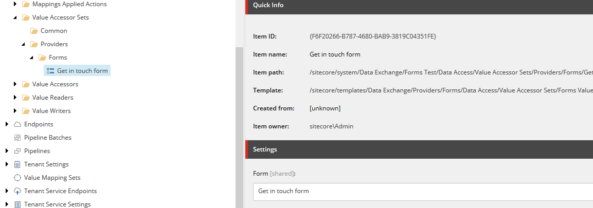 Settings section on the Content tab on the Get in touch form item