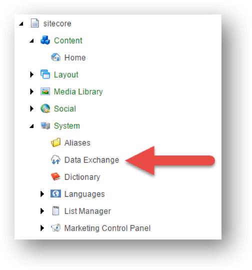 The Data Exchange node in the content tree