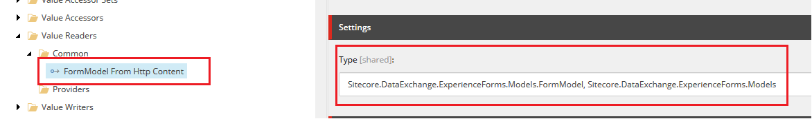 The Type field in the Settings section for the FormModel From Http Content item