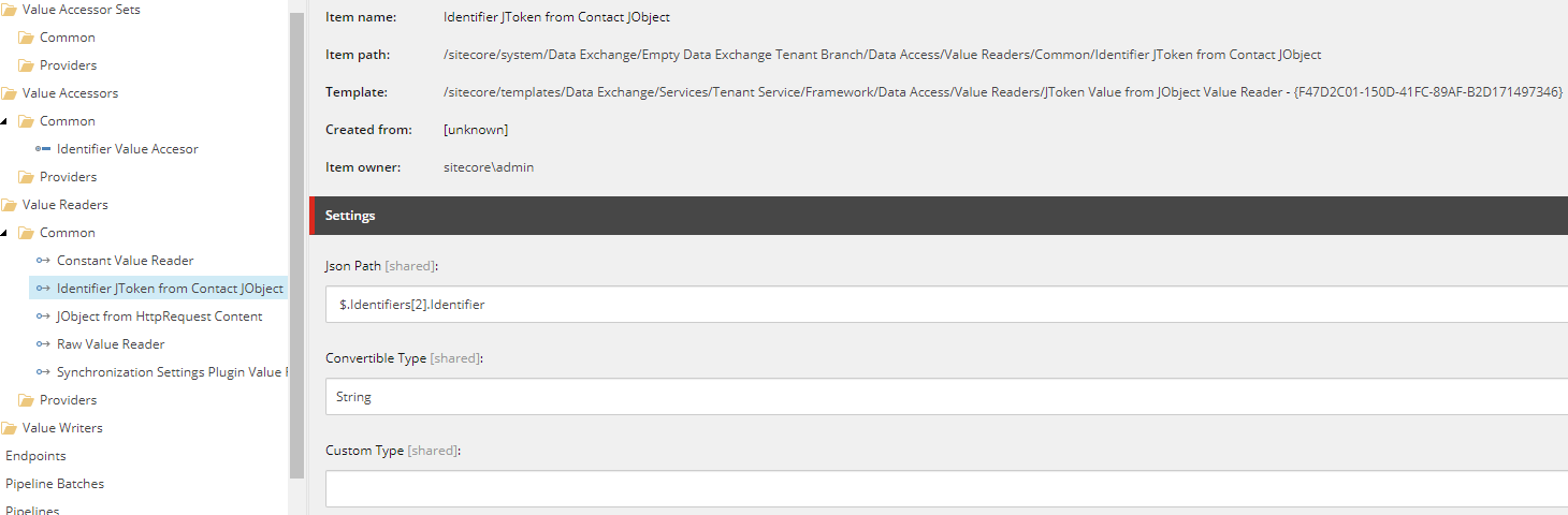Settings for Identifier JToken from Contact JObject.