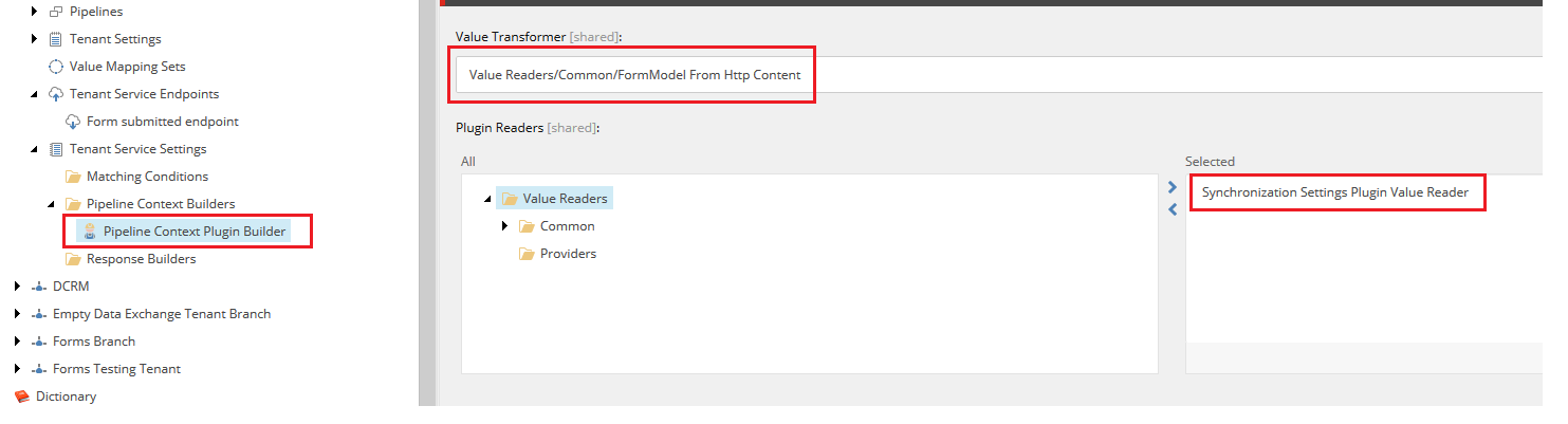 The Plugin Readers field in the Content tab of the Pipeline Context Plugin Builder item