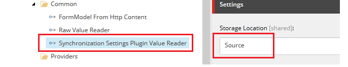 The Storage Location field in the Setting section for the Synchronization Settings Plugin Value Reader item
