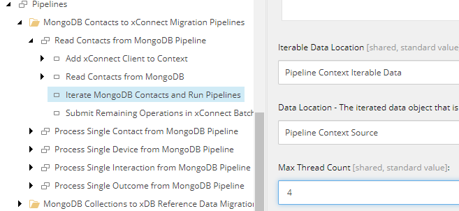 The Iterate MongoDB Contacts and Run Pipelines node in the Content tree. The Iterate MongoDB Contacts and Run Pipelines node in the Content tree.