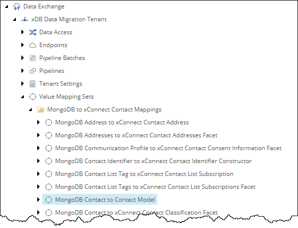The Value Mapping Sets / MongoDB to xConnect Contact Mappings / MongoDB Contact to Contact Model node in the Content Tree. The Value Mapping Sets / MongoDB to xConnect Contact Mappings / MongoDB Contact to Contact Model node in the Content Tree.