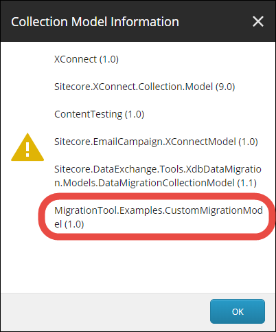 Collection Model Information dialog with the name of the custom model highlighted in red.