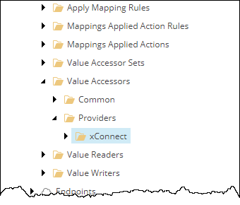 The <tenant> / Data Access / Value Accessors / Providers / xConnect node in the Content tree. The <tenant> / Data Access / Value Accessors / Providers / xConnect node in the Content tree.