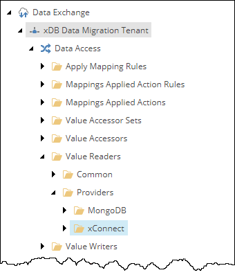 The <tenant> / Data Access / Value Readers / Providers / xConnect node in the Content tree. The <tenant> / Data Access / Value Readers / Providers / xConnect node in the Content tree.