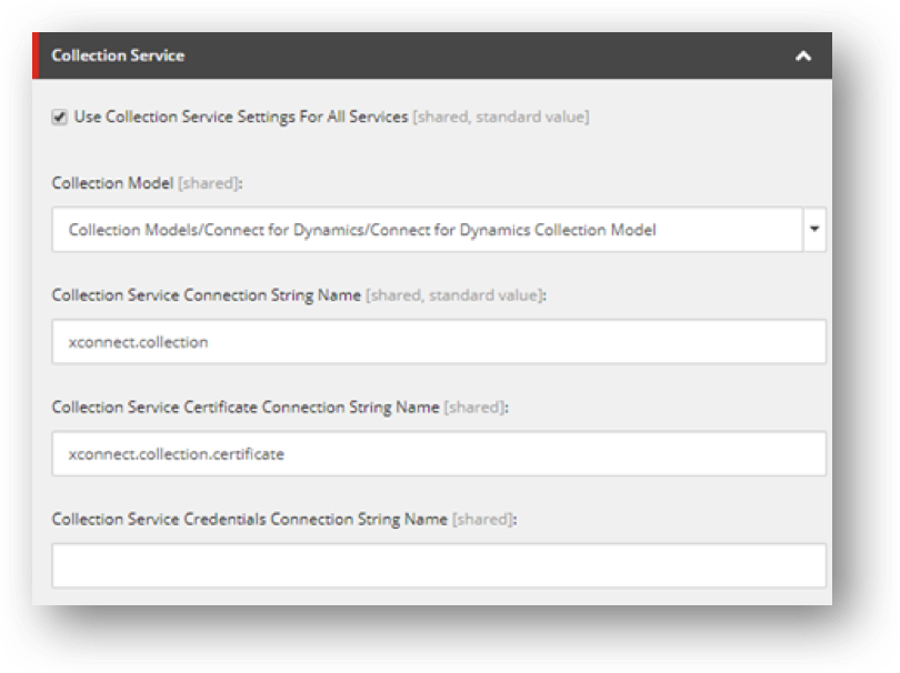 The collection service section with the connection string input fields The collection service section with the connection string input fields
