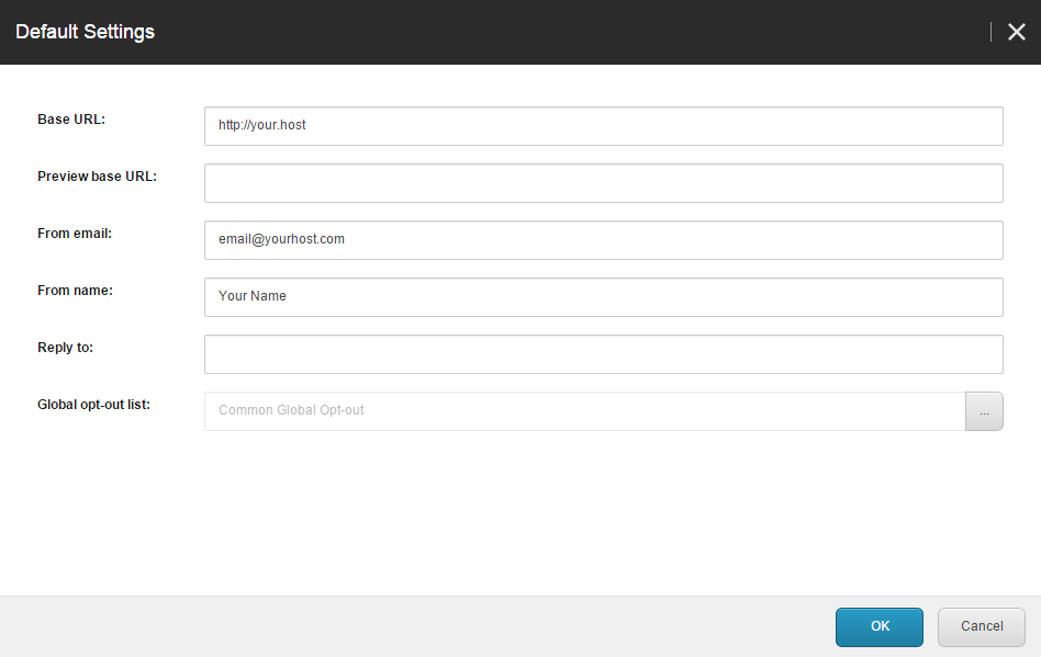 Default settings dialog box.