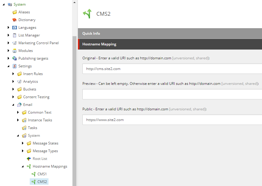Content Editor Hostname Mapping section.