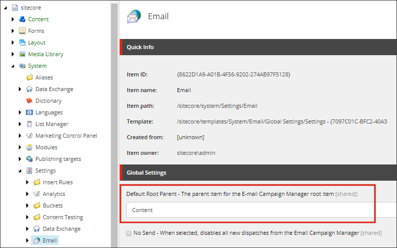 Global settings Default Root Parent item for the email campaign. Global settings Default Root Parent item for the email campaign.