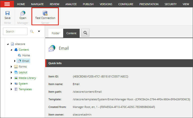 Content Editor Email root Test Connection button.
