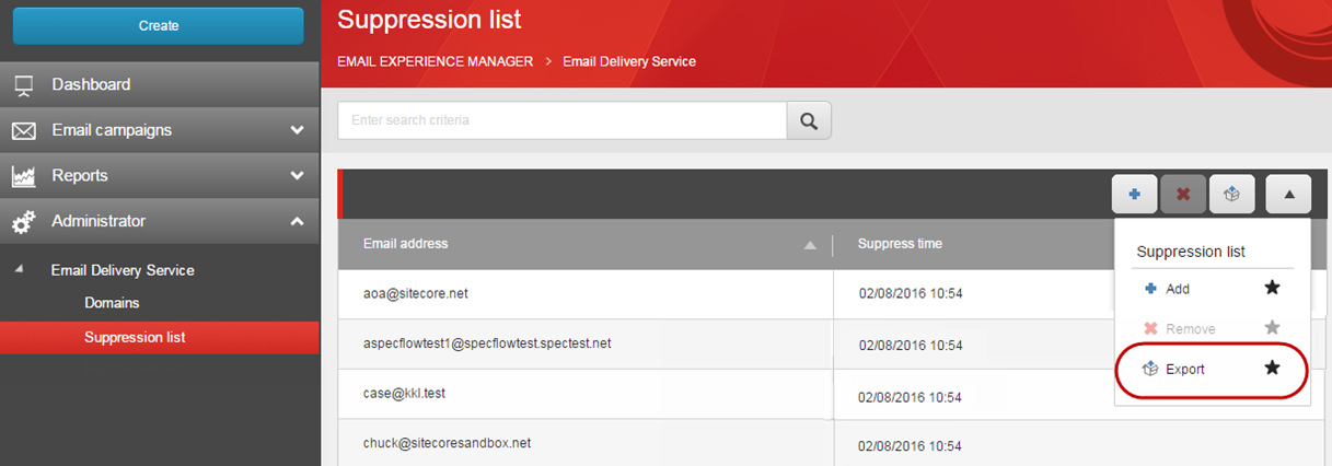 Suppression list and location of the Export command in the upper right.