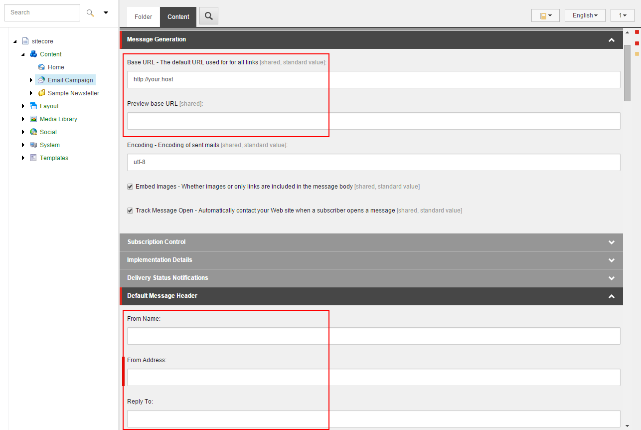 Content Editor showing the Email Campaign node and Content tab. Content Editor showing the Email Campaign node and Content tab.