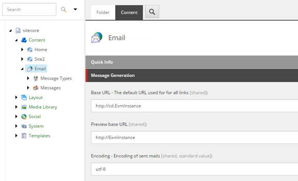 Content Editor Email node where you can find manager root settings. Content Editor Email node where you can find manager root settings.