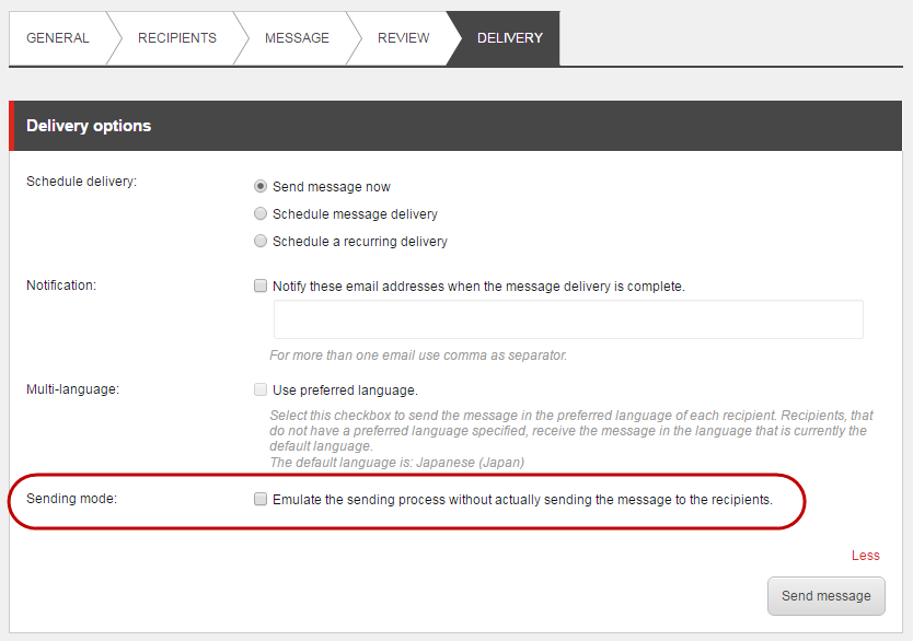 Email Experience Manager Delivery tab showing the Delivery options.