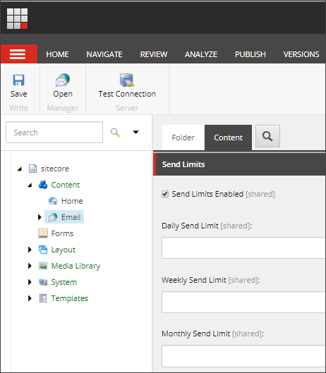 Content Editor showing the Content tab for Email and the Send Limits Enabled checkbox.