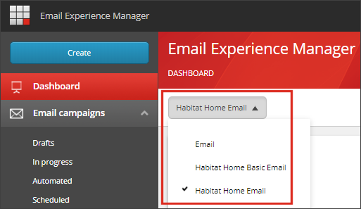 Email Experience Manager dashboard showing how to switch between multiple manager roots.