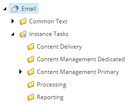 Content Editor showing the Email node and the folders where role-specific tasks are saved.