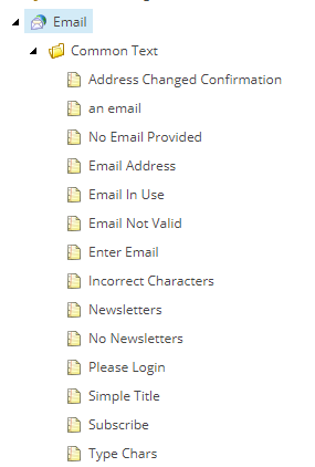Content Editor showing the Email node where common text and labels can be changed.