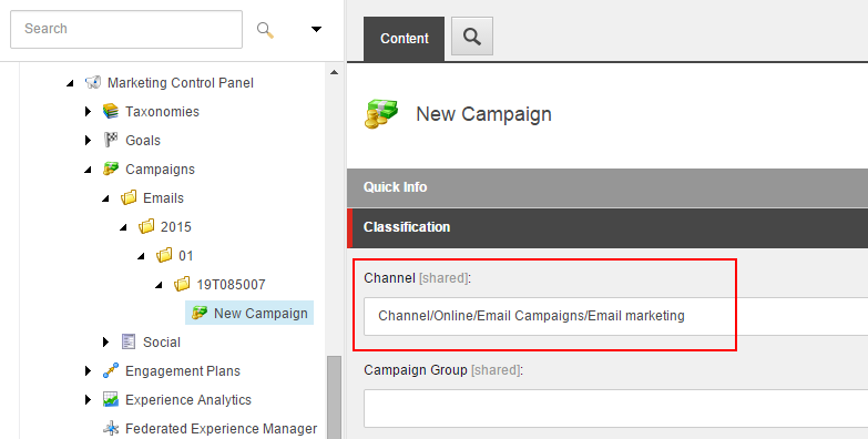 Classification section for a New Campaign showing the channel ID. Classification section for a New Campaign showing the channel ID.
