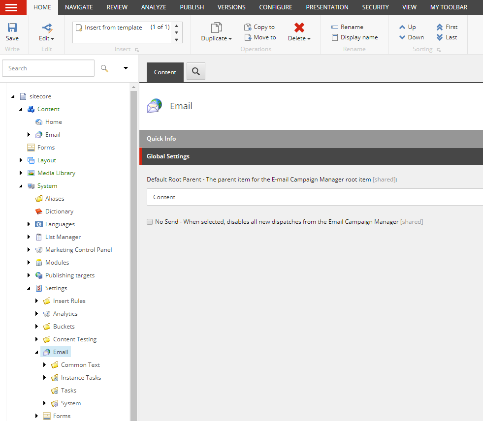 Content Editor showing the global settings for the System Email root item.