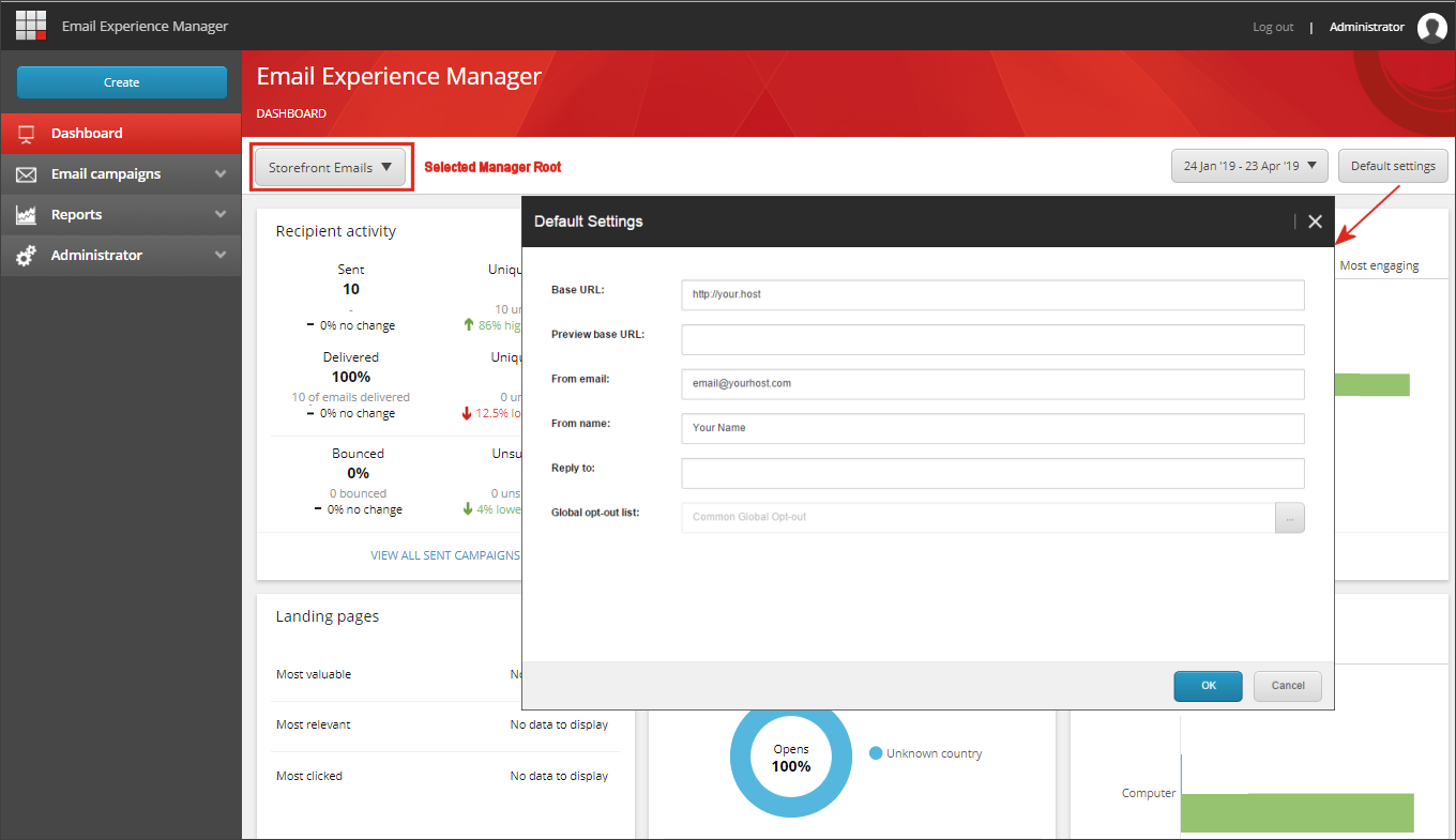 Email Experience Manager dashboard showing how to change the Manager Root.