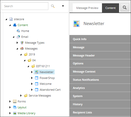 Content Editor showing the Messages folder with specific emails.