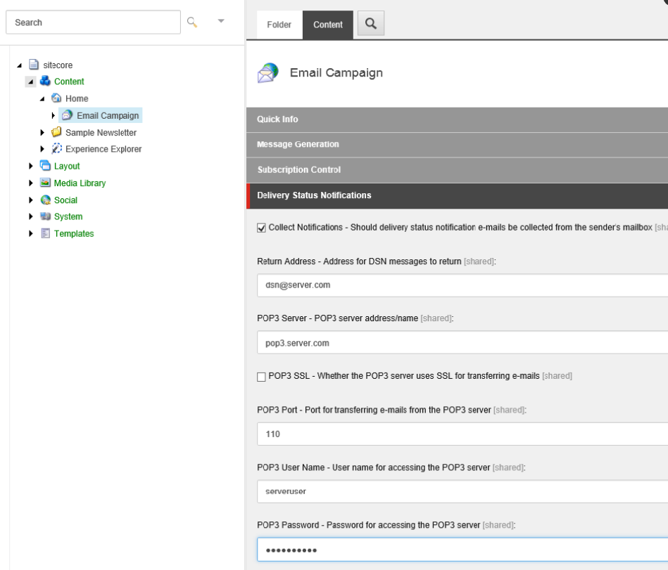 Email Campaign node in the Content Editor showing the Delivery Status Notifications section.