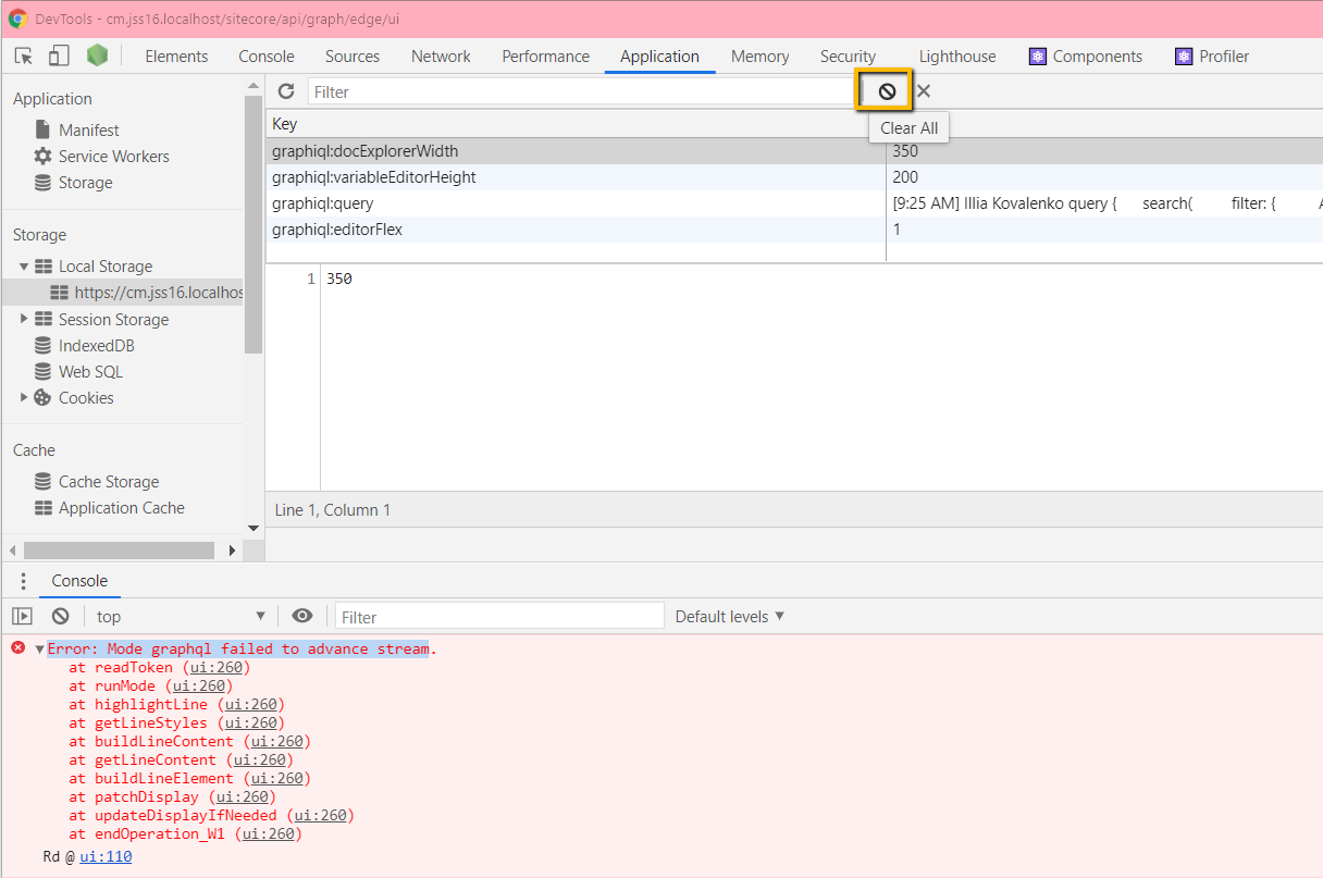 Clear the local storage for the Chrome tab with errors