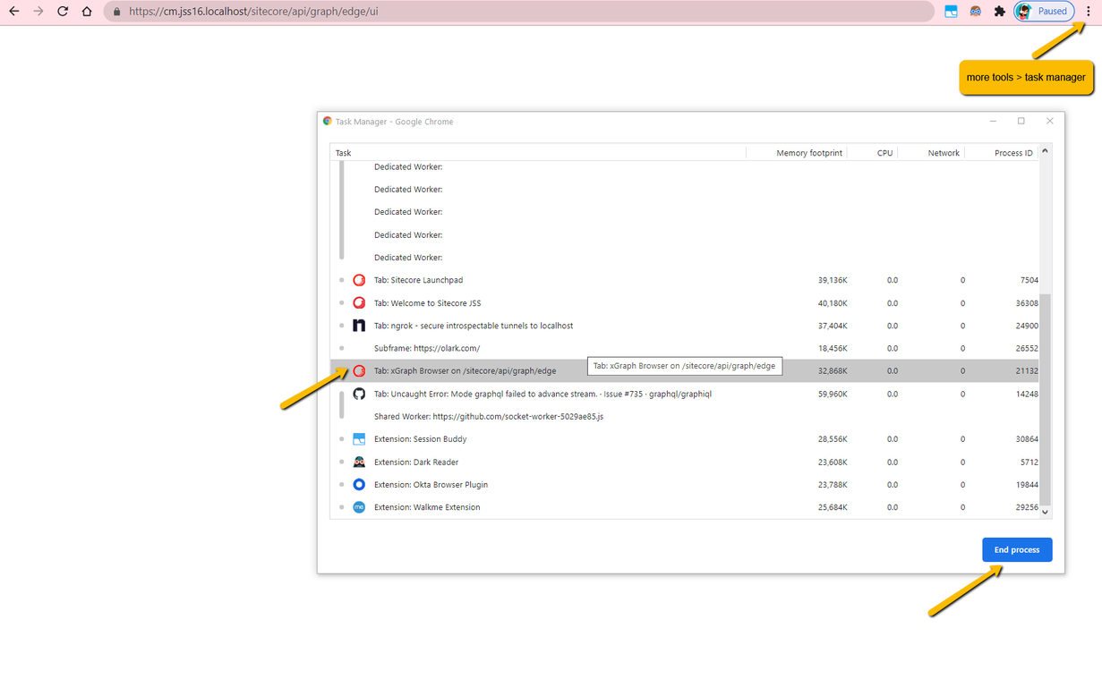 Kill the process for the Chrome tab with errors
