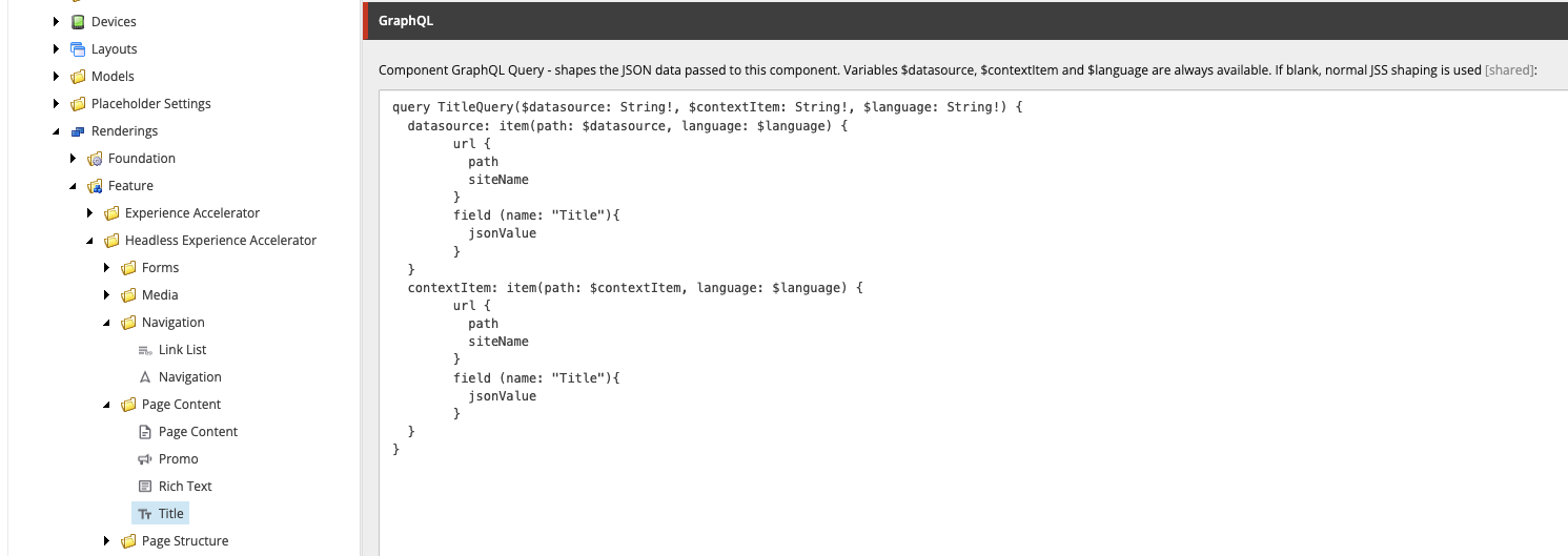 A Title component rendering with another sample integrated GraphQL query.