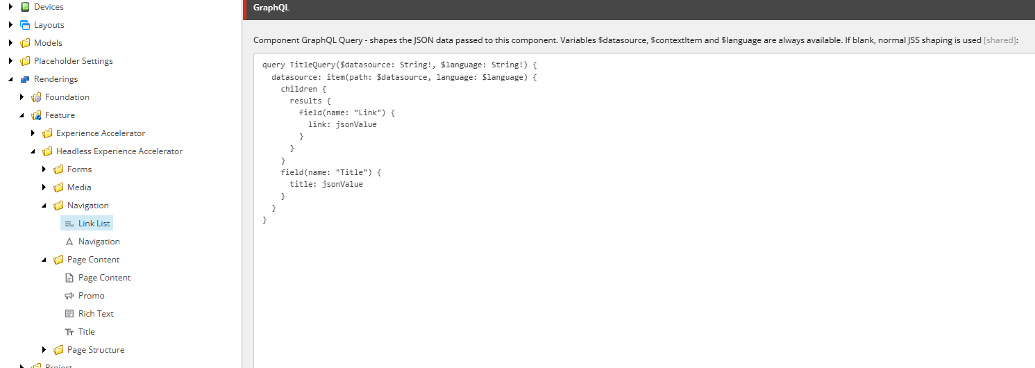 A Link List component rendering in Content Editor, displaying a sample integrated GraphQL query.