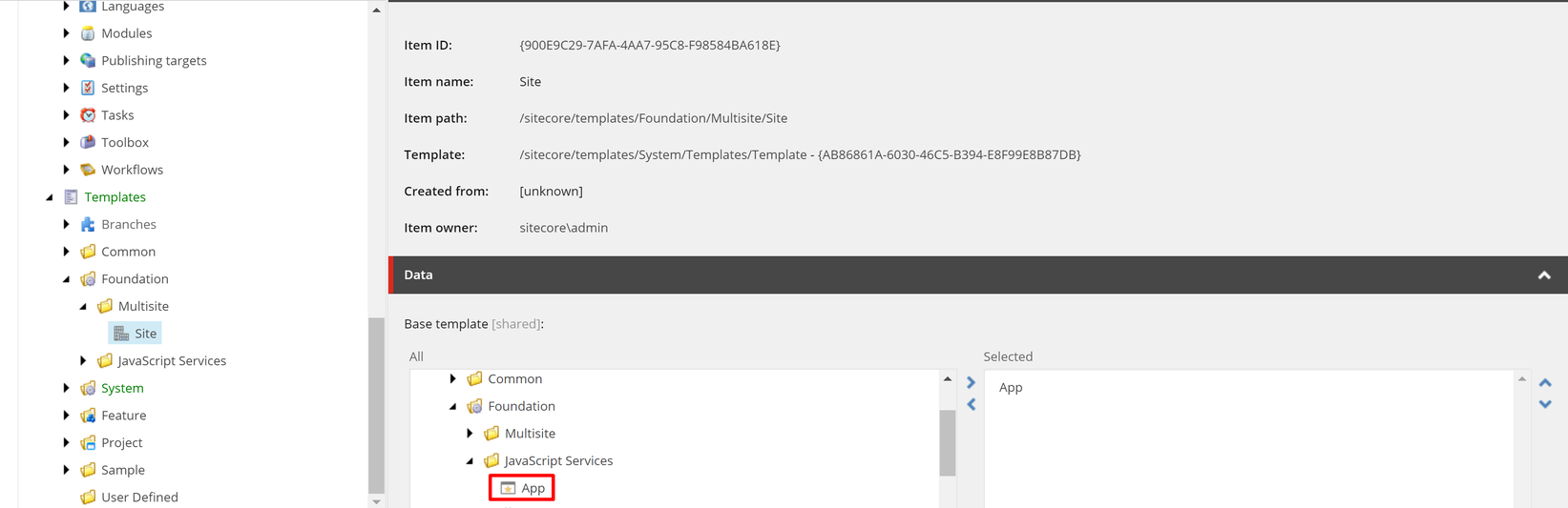 Site root item template inheritance