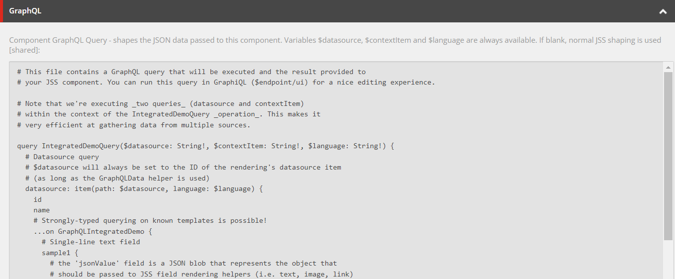 The Component GraphQL Query field, containing an integrated GraphQL query. The Component GraphQL Query field, containing an integrated GraphQL query.